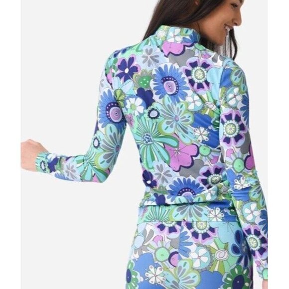 Celia B Sz XL Top Blue Rinnes Floral Retro Long Sleeve Mock Collar CeliaB New - Picture 2 of 6